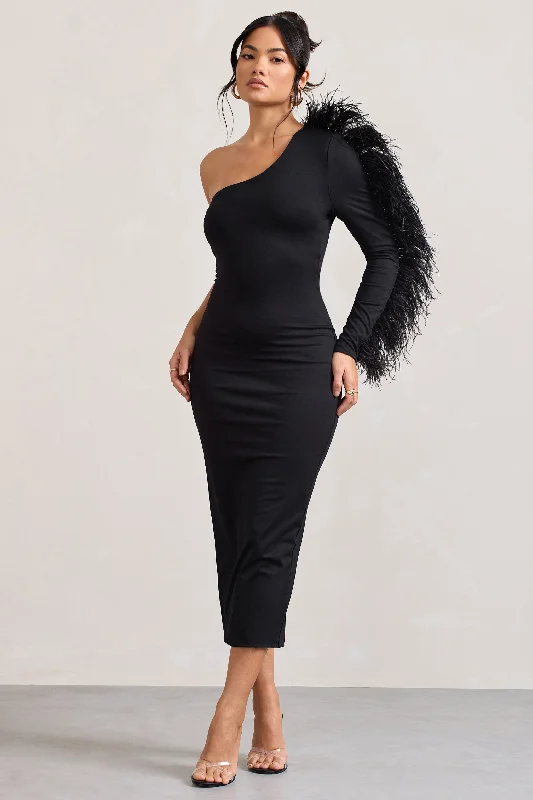 Wild One | Black One-Shoulder Bodycon Midi Dress With Feather-Trimmed Sleeve