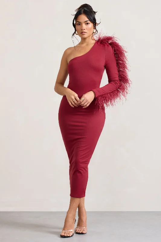 Wild One | Burgundy One-Shoulder Bodycon Midi Dress With Feather-Trimmed Sleeve