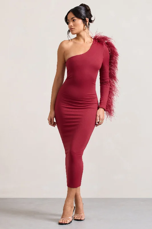 Wild One | Burgundy One-Shoulder Bodycon Midi Dress With Feather-Trimmed Sleeve