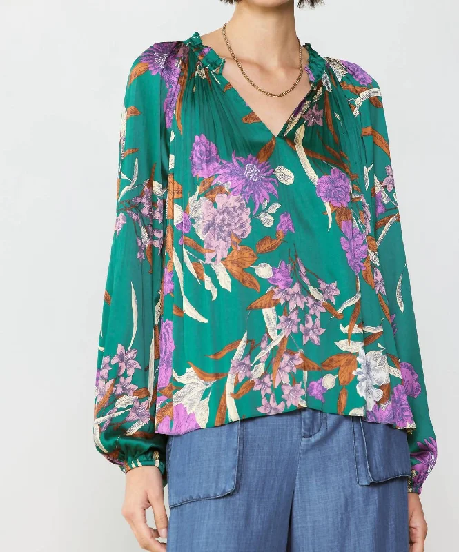 Long Sleeve Split Neck Pleated Blouse In Green Floral