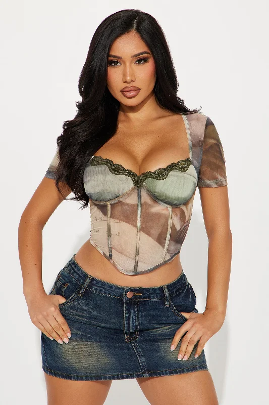 Shannon Mesh Corset Top - Olive/combo