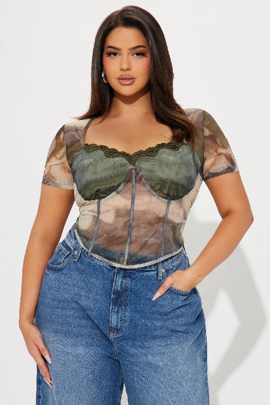 Shannon Mesh Corset Top - Olive/combo