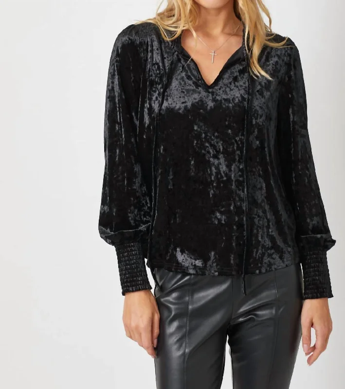 Smocked Velvet Blouse In Black