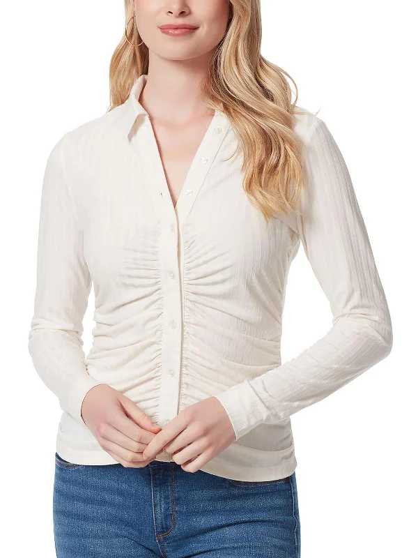 Womens Shadow Stripe Ruched Button-Down Top