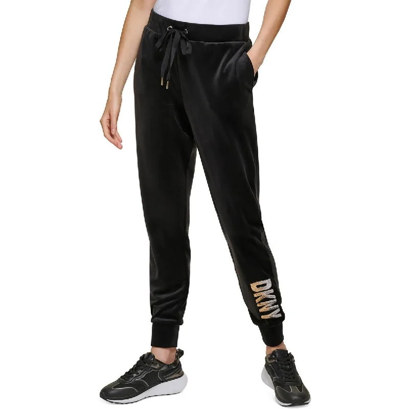 Womens Velour Sequined Logo Jogger Pants