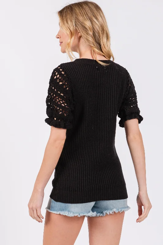 Black Open Knit Short Puff Sleeve Sweater Top