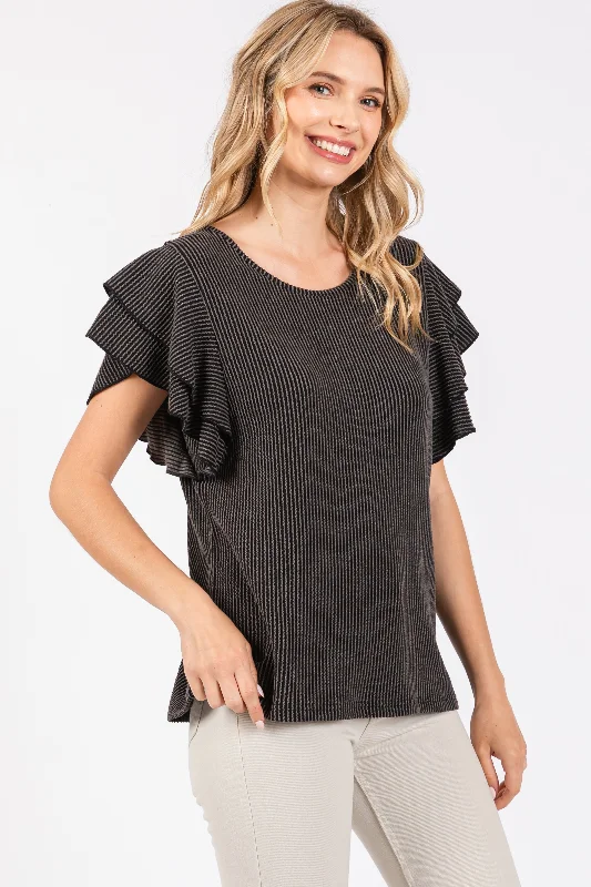 Charcoal Ruffle Sleeve Ribbed Top