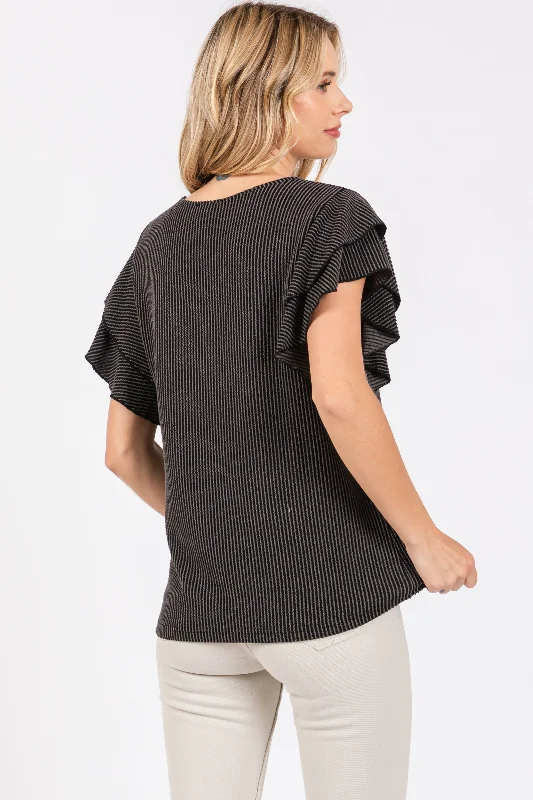 Charcoal Ruffle Sleeve Ribbed Top