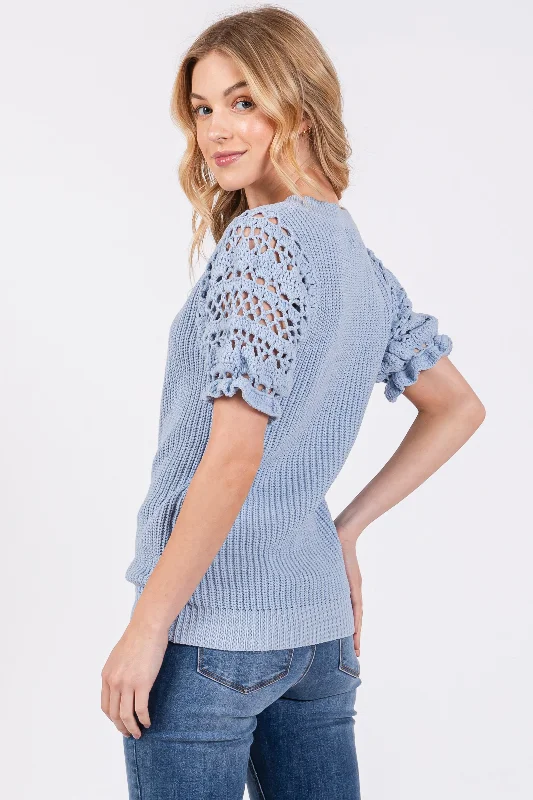 Light Blue Open Knit Short Puff Sleeve Sweater Top