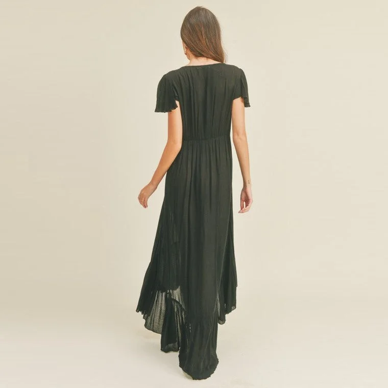 Button-Front High-Low Midi Dress (Black)