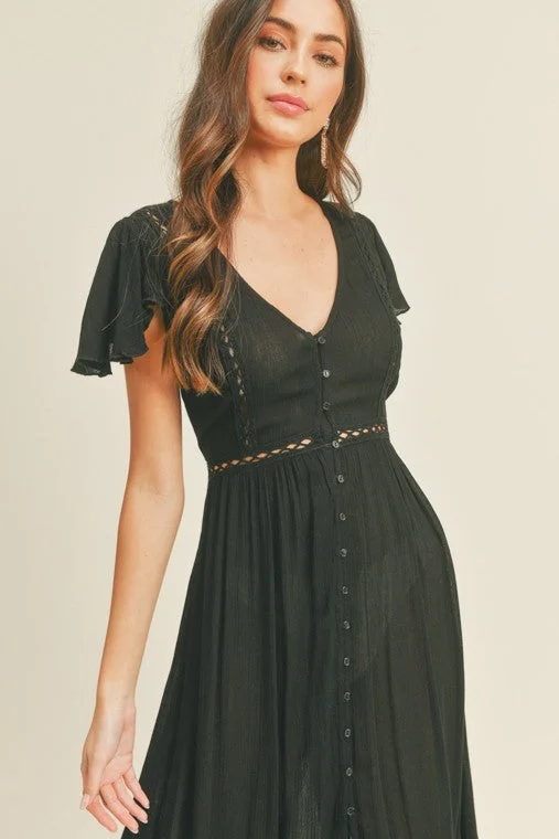 Button-Front High-Low Midi Dress (Black)