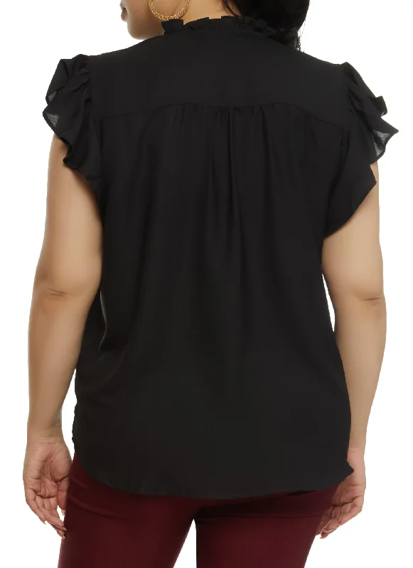 Plus Size Flutter Sleeve Tie Neck Blouse