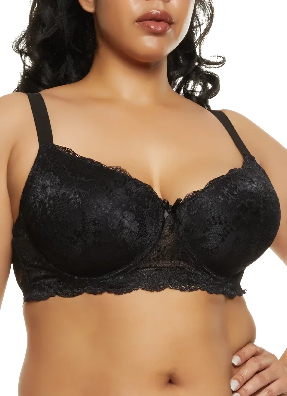 Plus Size Lace Floral Patterned Plunge Bra