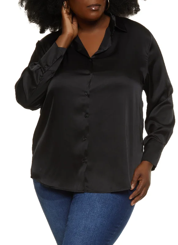 Plus Size Satin Solid Button Down Shirt