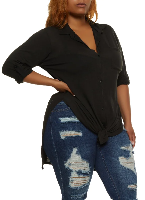 Plus Size Tie Front High Low Shirt