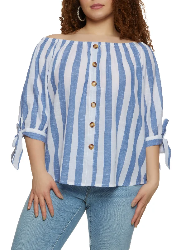 Plus Size Striped Faux Button Front Blouse