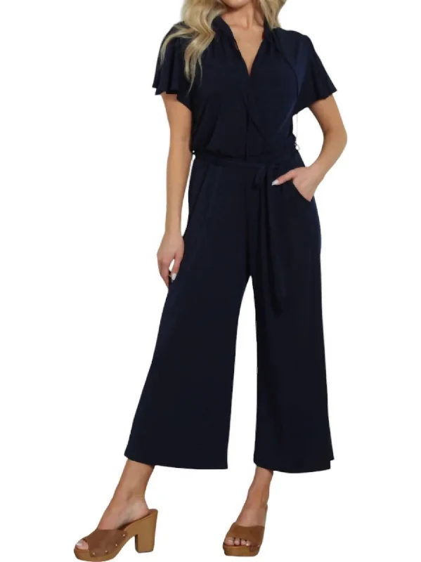 Cropped Short Sleeve Jumpsuit In Navy