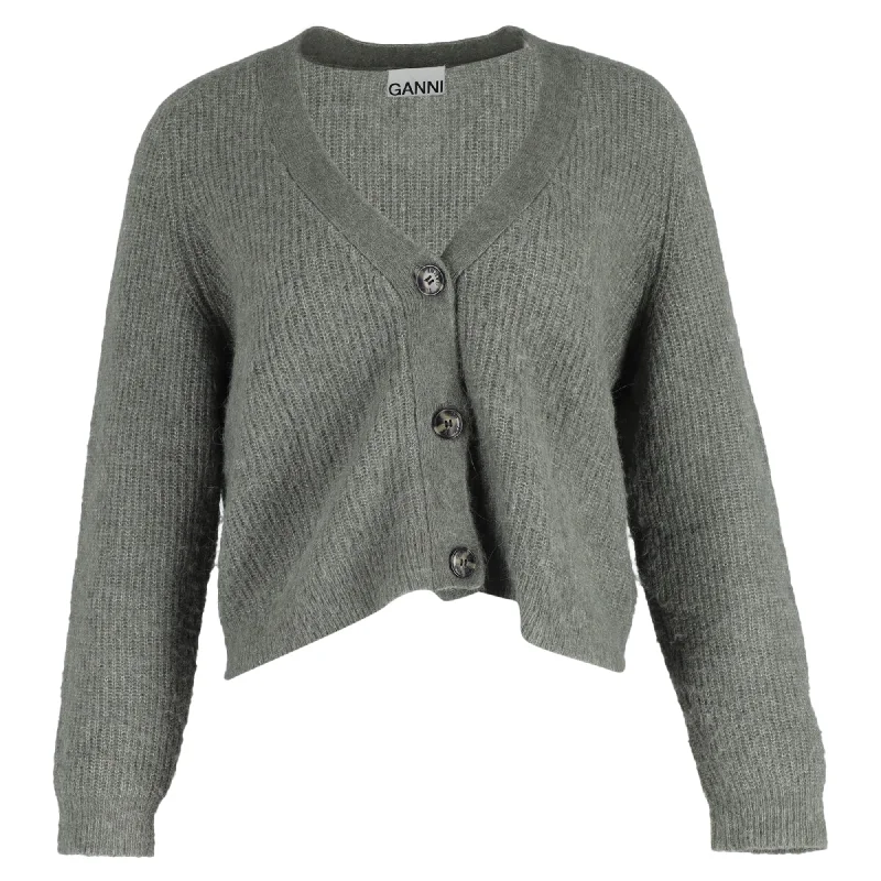 Ganni V-Neck Buttoned Cardigan in Olive Green Wool