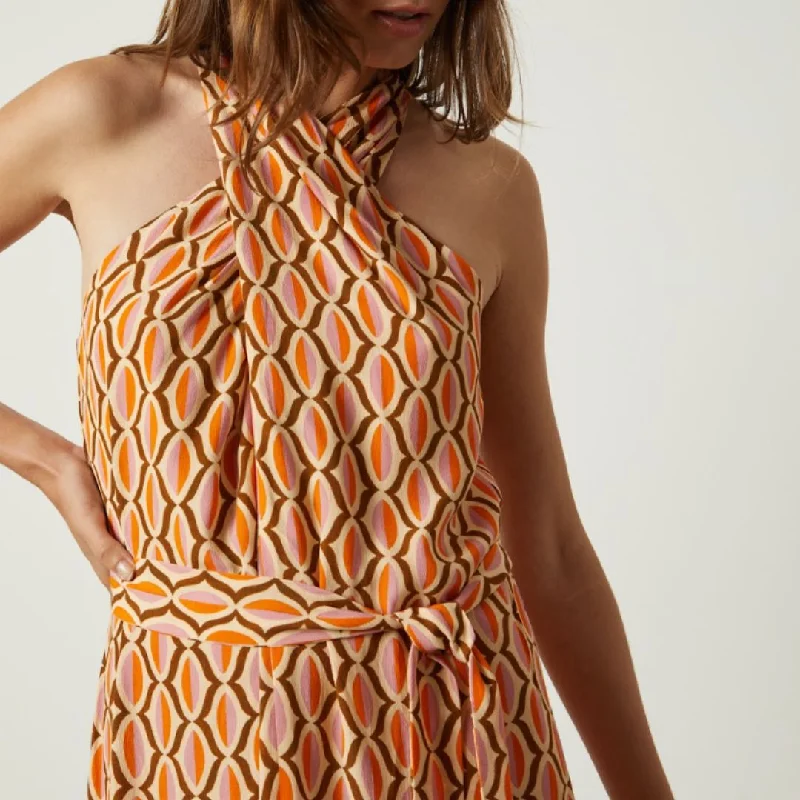 Geo Print Drepe Jumpsuit (Orange)