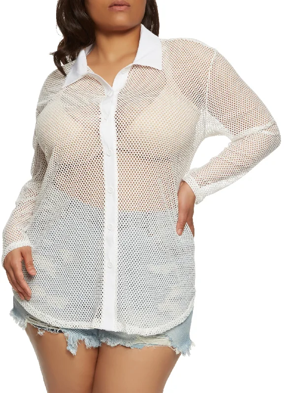 Plus Size Fishnet Button Front Tunic Shirt