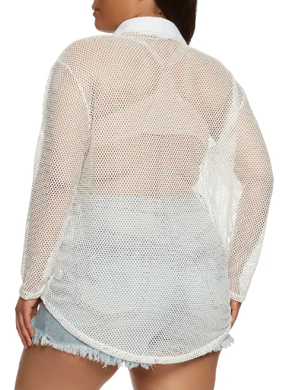 Plus Size Fishnet Button Front Tunic Shirt