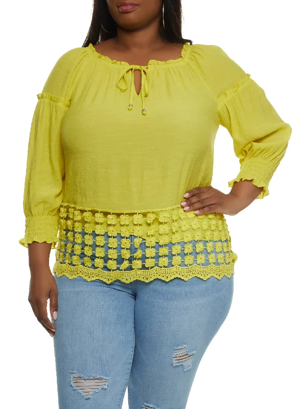 Plus Size Crochet Detail Tie Front Peasant Top