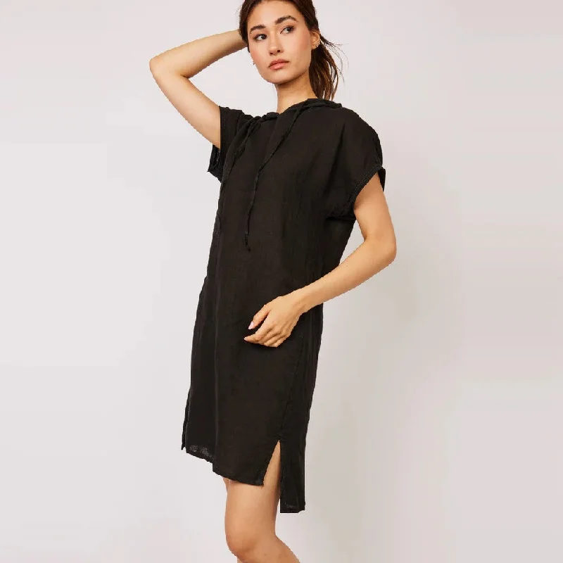 Linen and Jersey Cotton Hooded Dress (Black)