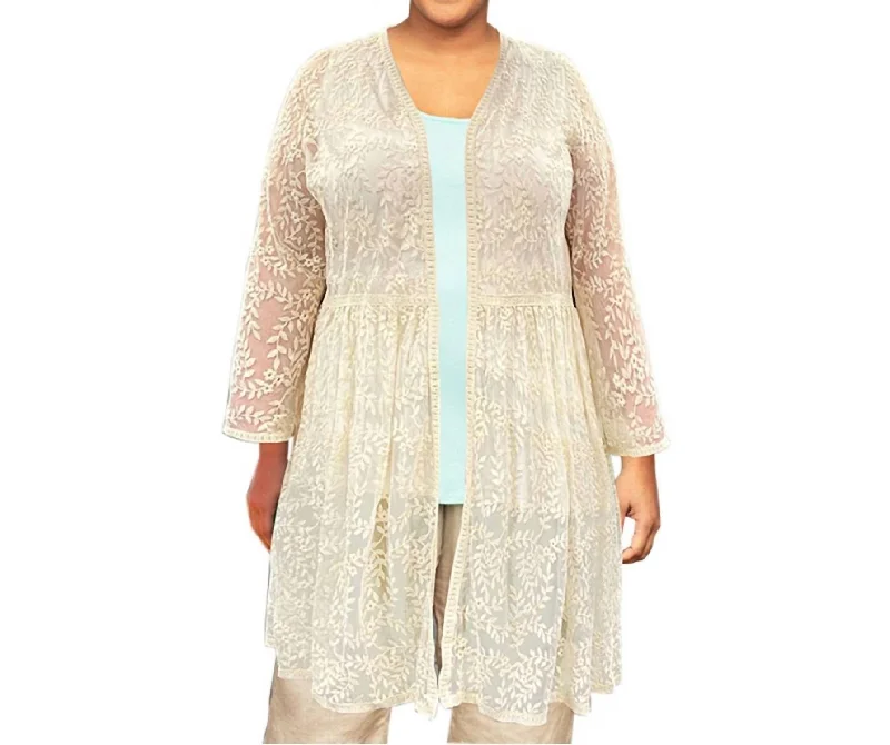 Long Sleeve Mesh Lace Betty Duster - Plus In Beige Floral