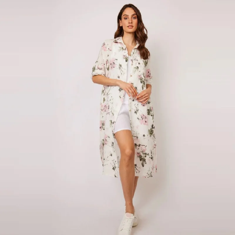 Maxi Linen Blouse Dress (Pink Floral Print)