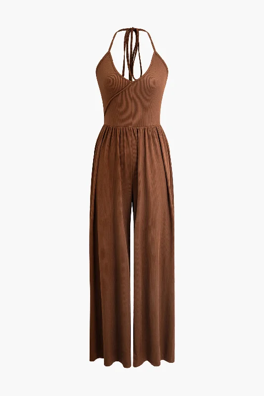 Knitted Halter Neck Pleated Jumpsuit