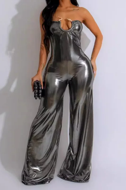 Metallic Snake-Ring Ruched Strapless Jumpsuit