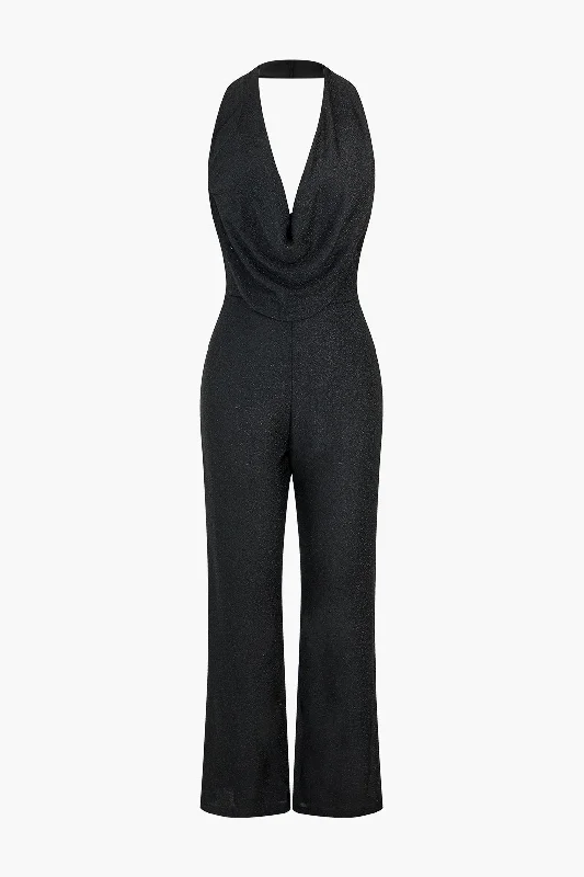 Solid Cowl Neck V-neck  Backless Jumpsuit