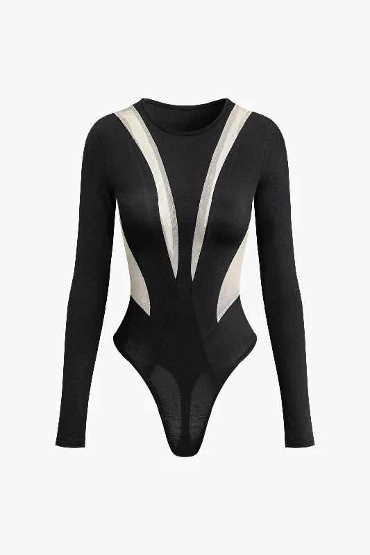 Mesh Patchwork Color Block Long Sleeve Bodysuit