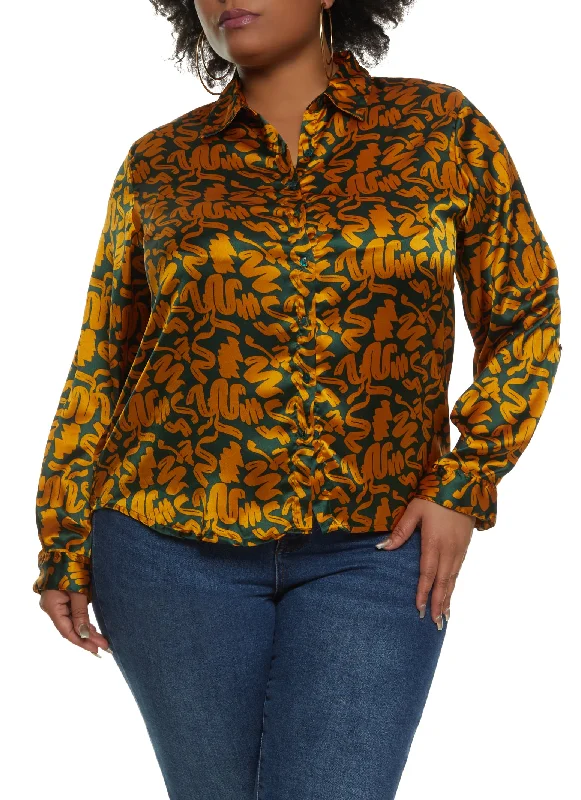 Plus Size Satin Printed Button Front Shirt