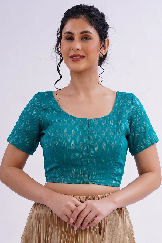 Naidu Hall Round Neck Short Sleeve Women's Handloom Cotton Saree Jacquard1 Front Open Blouse - Teal Green