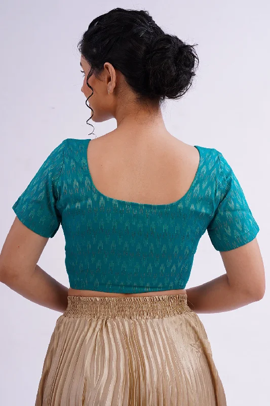 Naidu Hall Round Neck Short Sleeve Women's Handloom Cotton Saree Jacquard1 Front Open Blouse - Teal Green