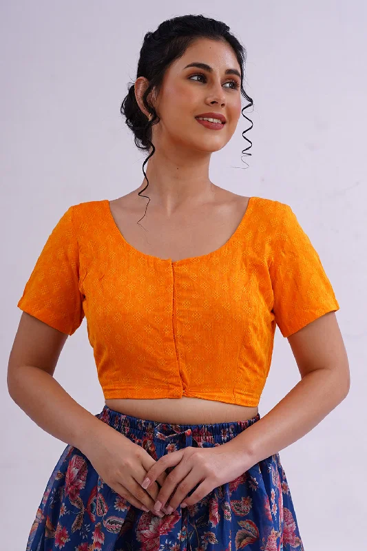 Naidu Hall Round Neck Short Sleeve Women's Handloom Cotton Saree Jacquard2 Front Open Blouse - Orange