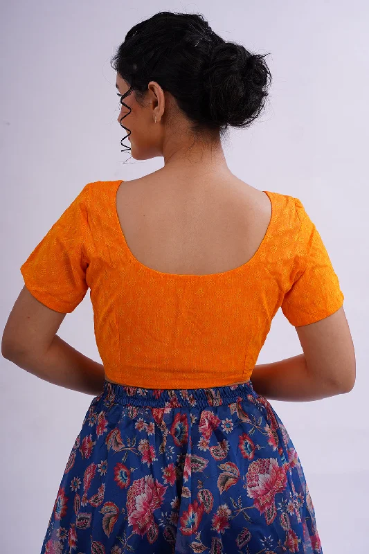 Naidu Hall Round Neck Short Sleeve Women's Handloom Cotton Saree Jacquard2 Front Open Blouse - Orange