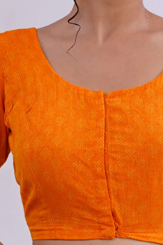 Naidu Hall Round Neck Short Sleeve Women's Handloom Cotton Saree Jacquard2 Front Open Blouse - Orange