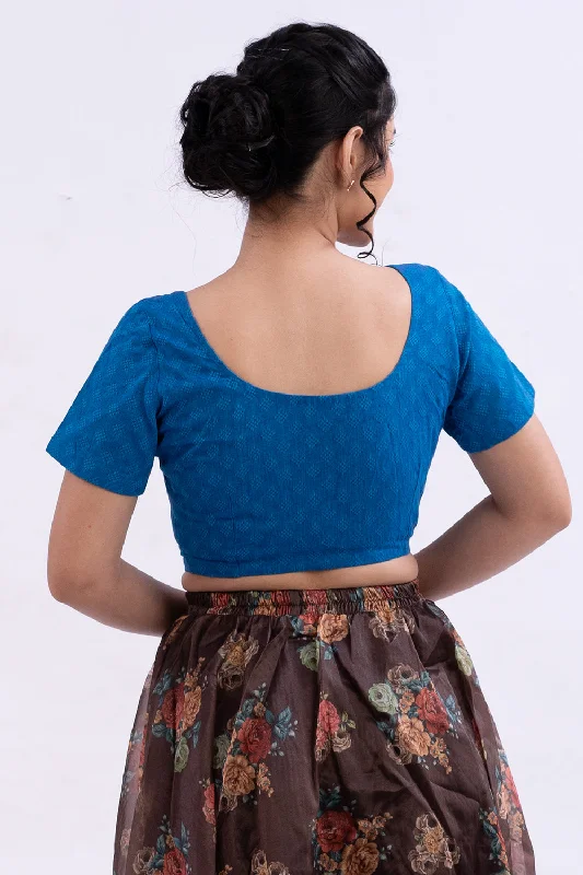 Naidu Hall Round Neck Short Sleeve Women's Handloom Cotton Saree Jacquard3 Front Open Blouse - Blue