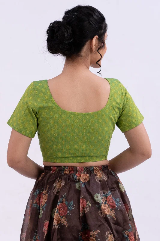 Naidu Hall Round Neck Short Sleeve Women's Handloom Cotton Saree Jacquard3 Front Open Blouse - Green