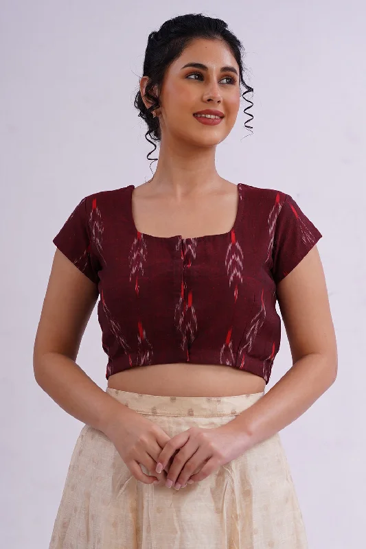 Naidu Hall Square Neck Cap Sleeve Women's Handloom Cotton Saree Ikat2 Front Open Blouse - Maroon