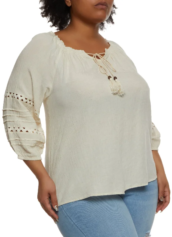 Plus Size Keyhole Crotchet Detail Puff Sleeve Blouse