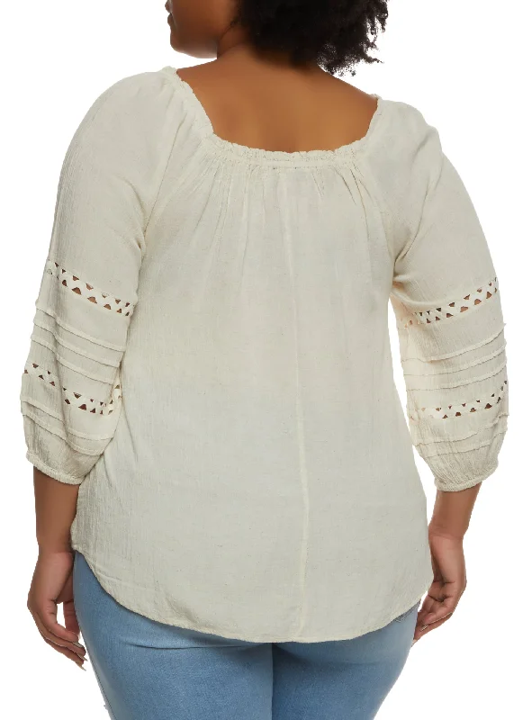 Plus Size Keyhole Crotchet Detail Puff Sleeve Blouse