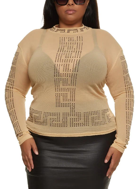 Plus Size Rhinestone Greek Key Sheer Top