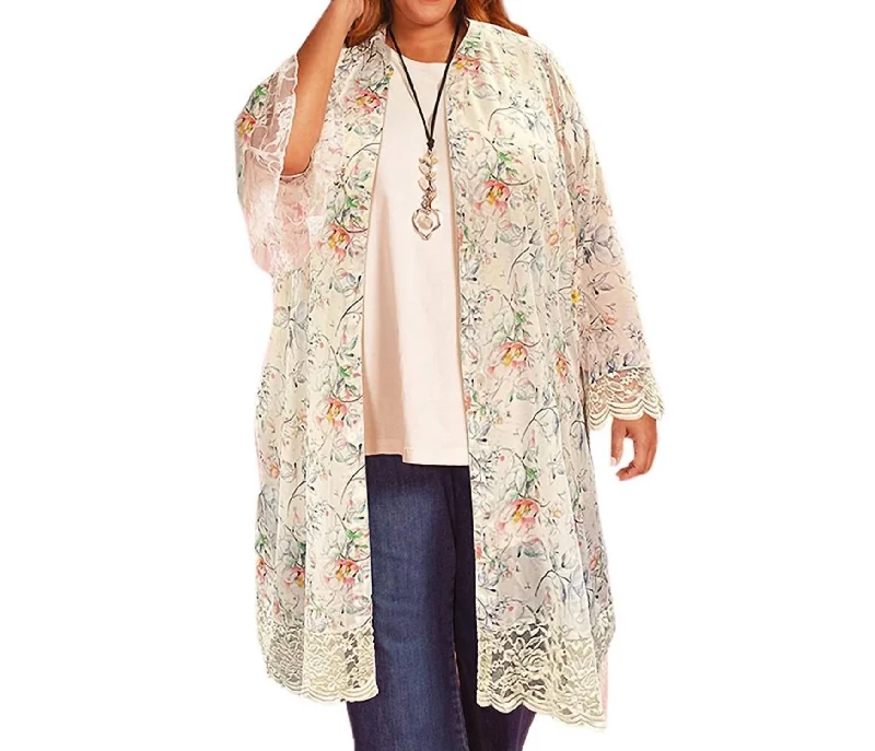 Printed Long Sleeve Lace Chiffon Duster - Plus In Ivory Floral