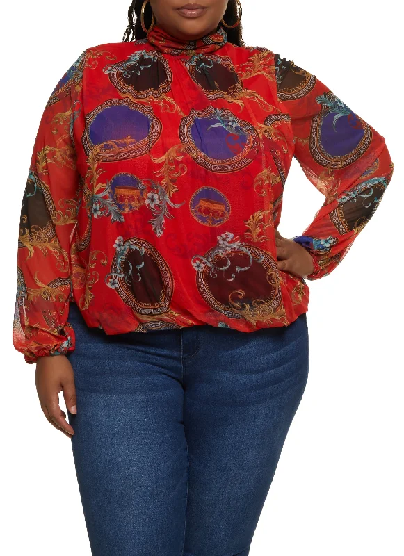 Plus Size Printed Mesh Mock Neck Puff Sleeve Blouse