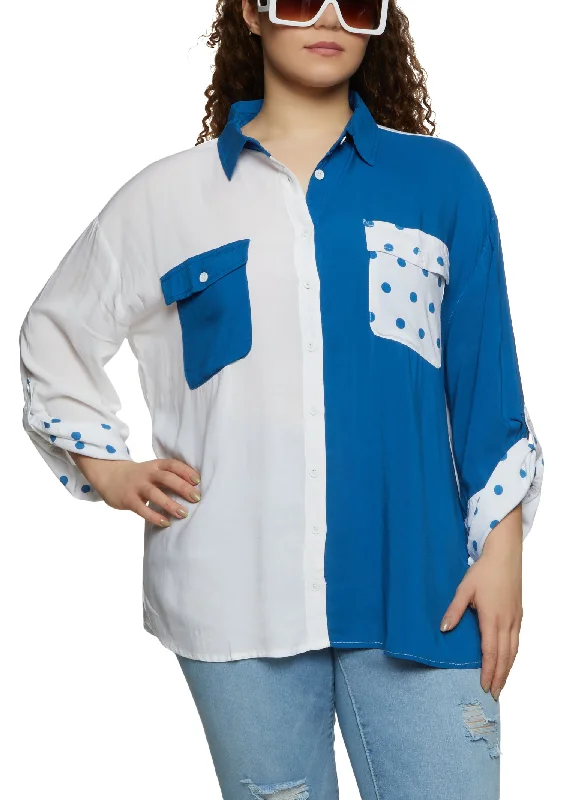 Plus Size Color Block Polka Dot Button Front Shirt