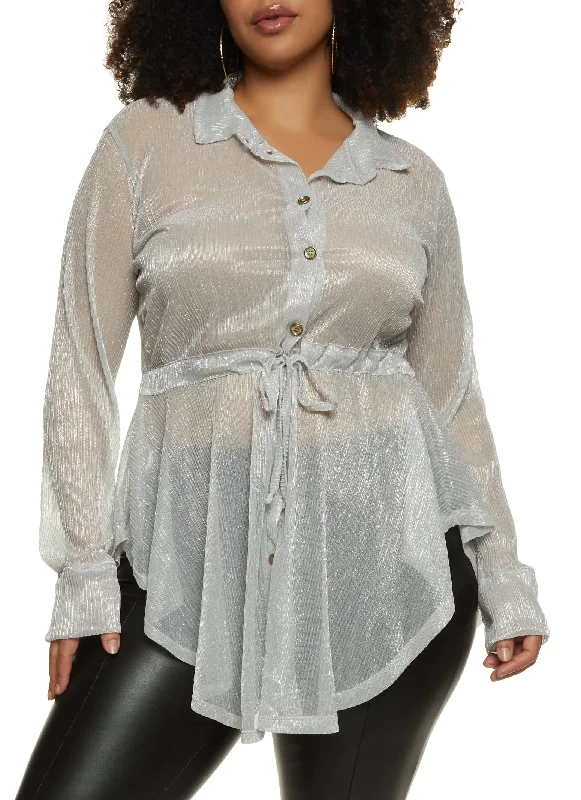 Plus Size Sheer Lurex Button Down Long Sleeve Shirt