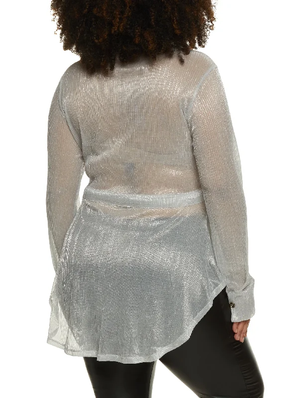 Plus Size Sheer Lurex Button Down Long Sleeve Shirt